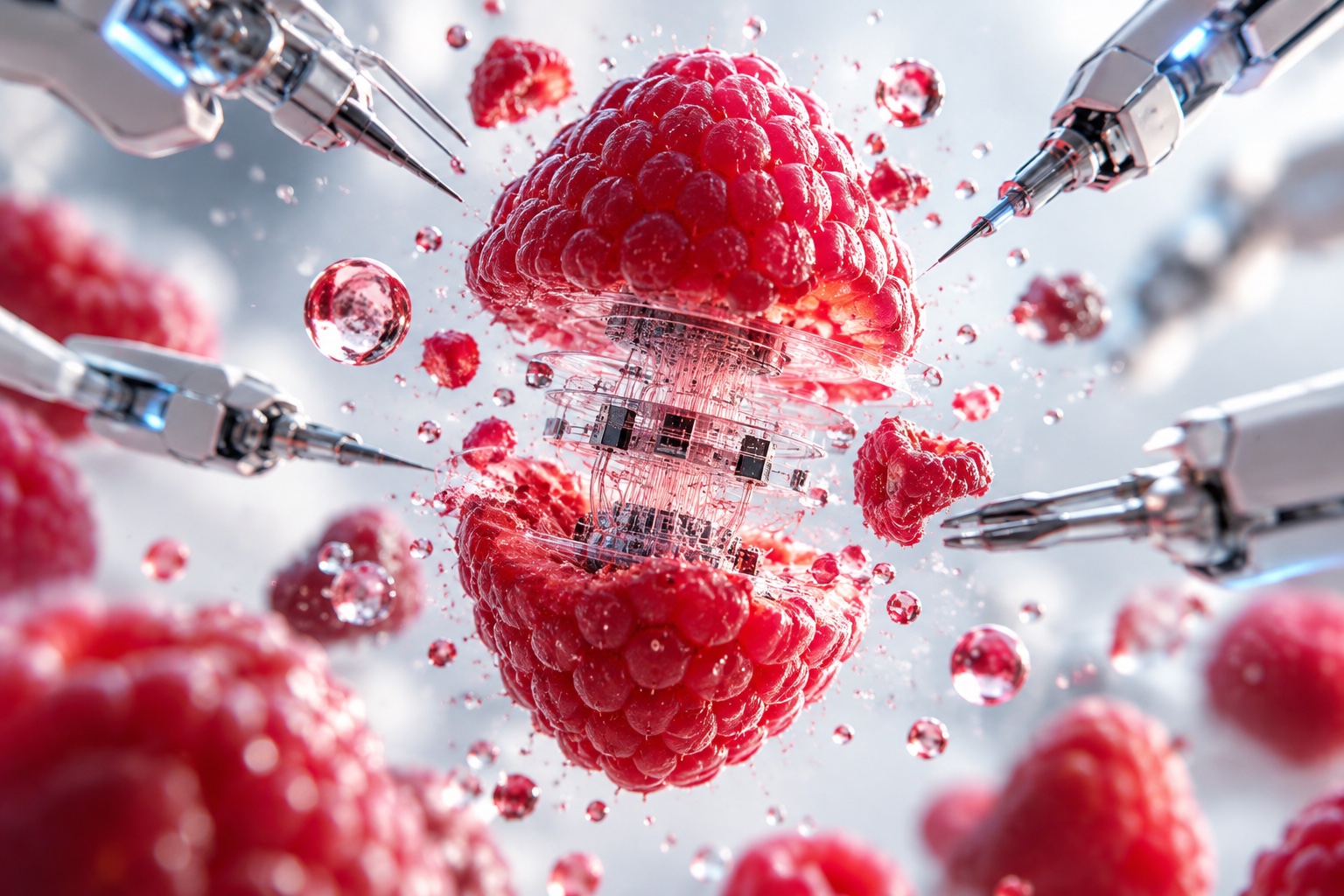 A raspberry split open by robotic instruments, revealing a circuit core