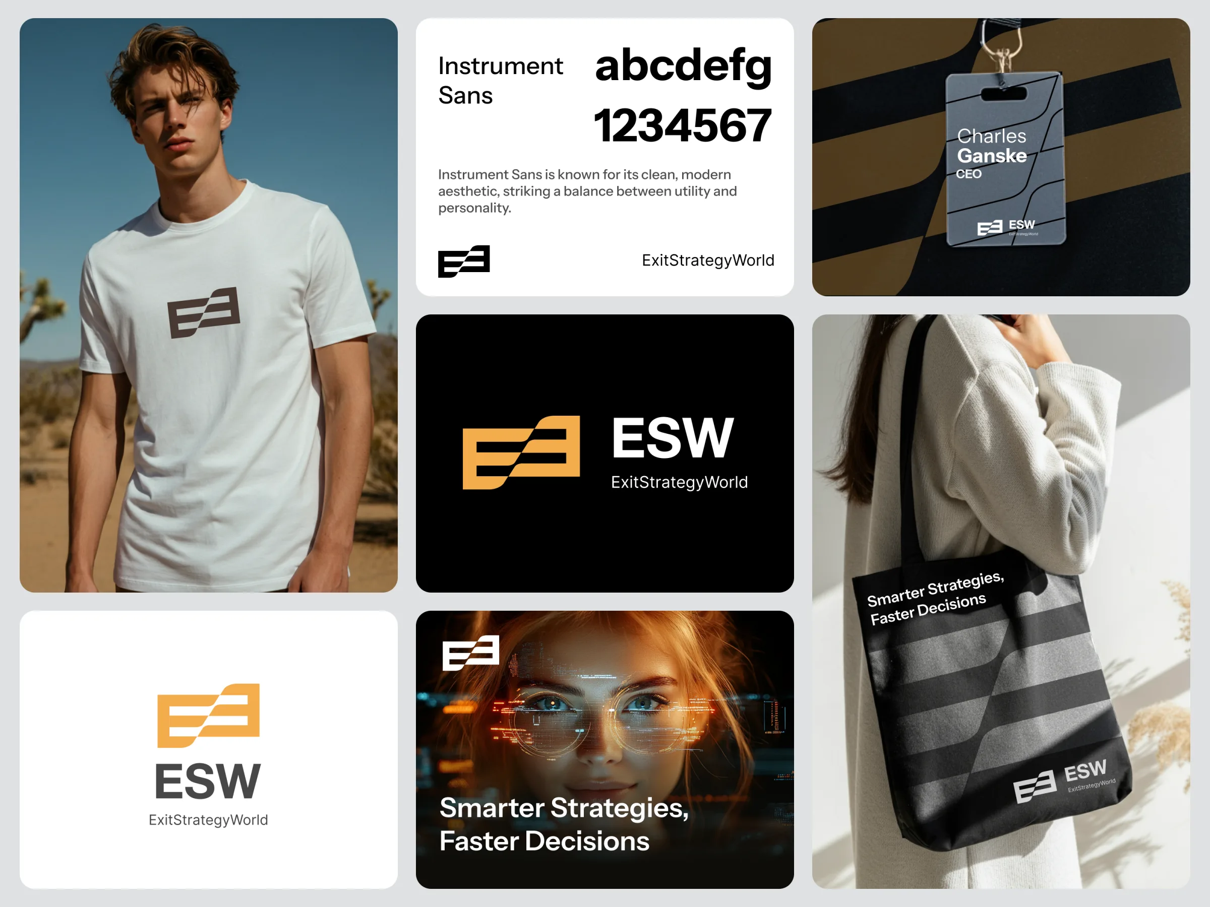 ExitStrategyWorld brand board with the ESW logo, Instrument Sans typography, and branded merchandise ExitStrategyWorld brand board with the ESW logo, Instrument Sans typography, and branded merchandise