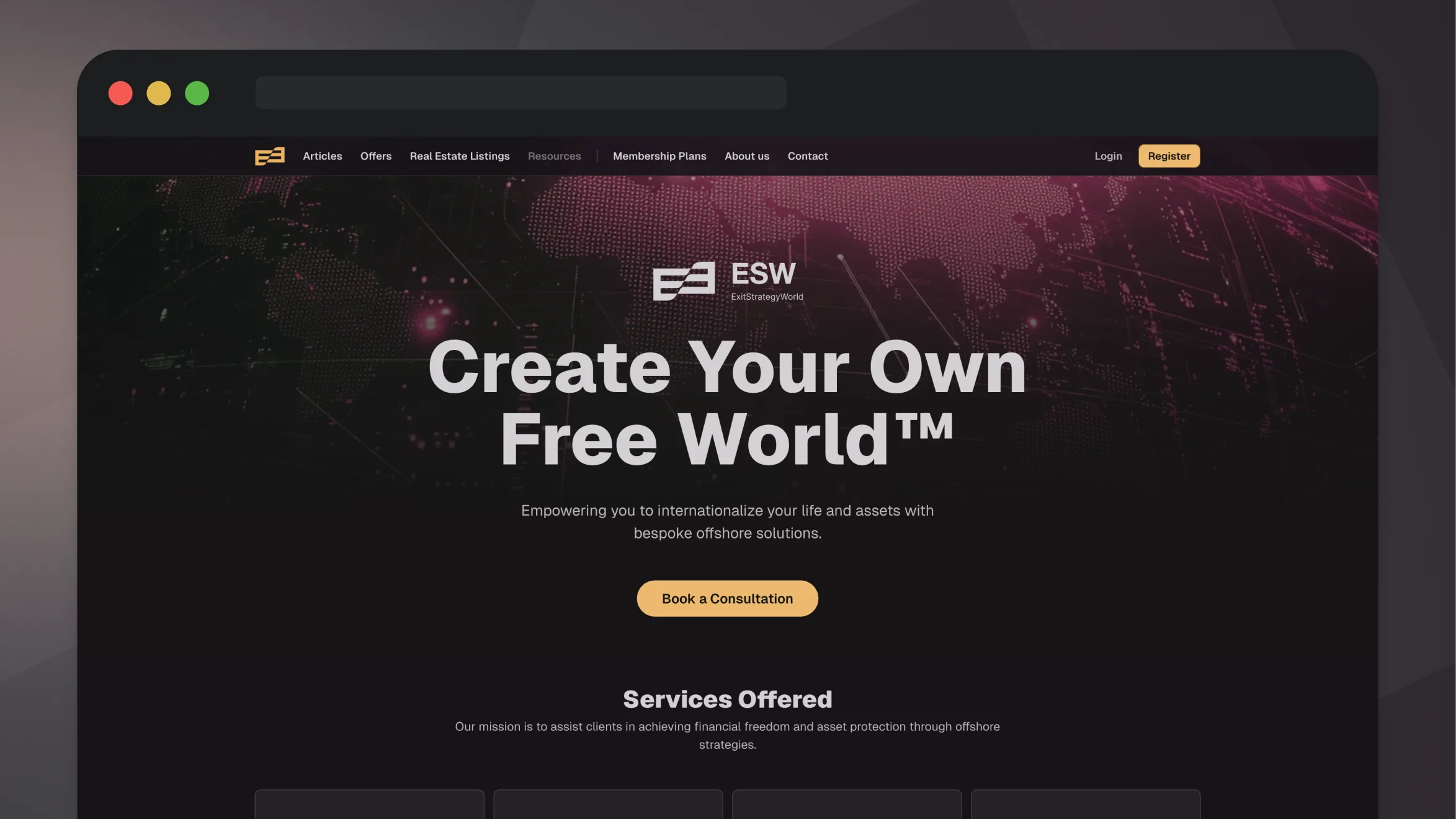 ExitStrategyWorld home page with the “Create Your Own Free World” headline and consultation booking ExitStrategyWorld home page with the “Create Your Own Free World” headline and consultation booking
