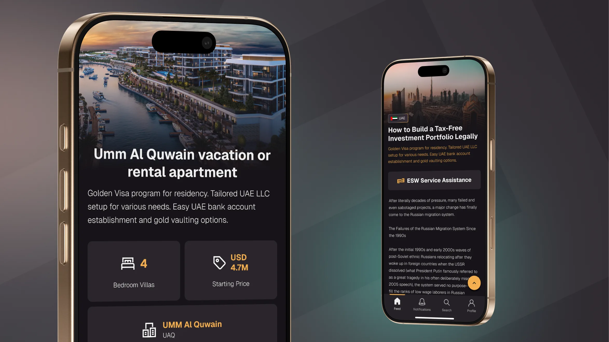ExitStrategyWorld iOS app showing a real estate listing and a members’ article ExitStrategyWorld iOS app showing a real estate listing and a members’ article