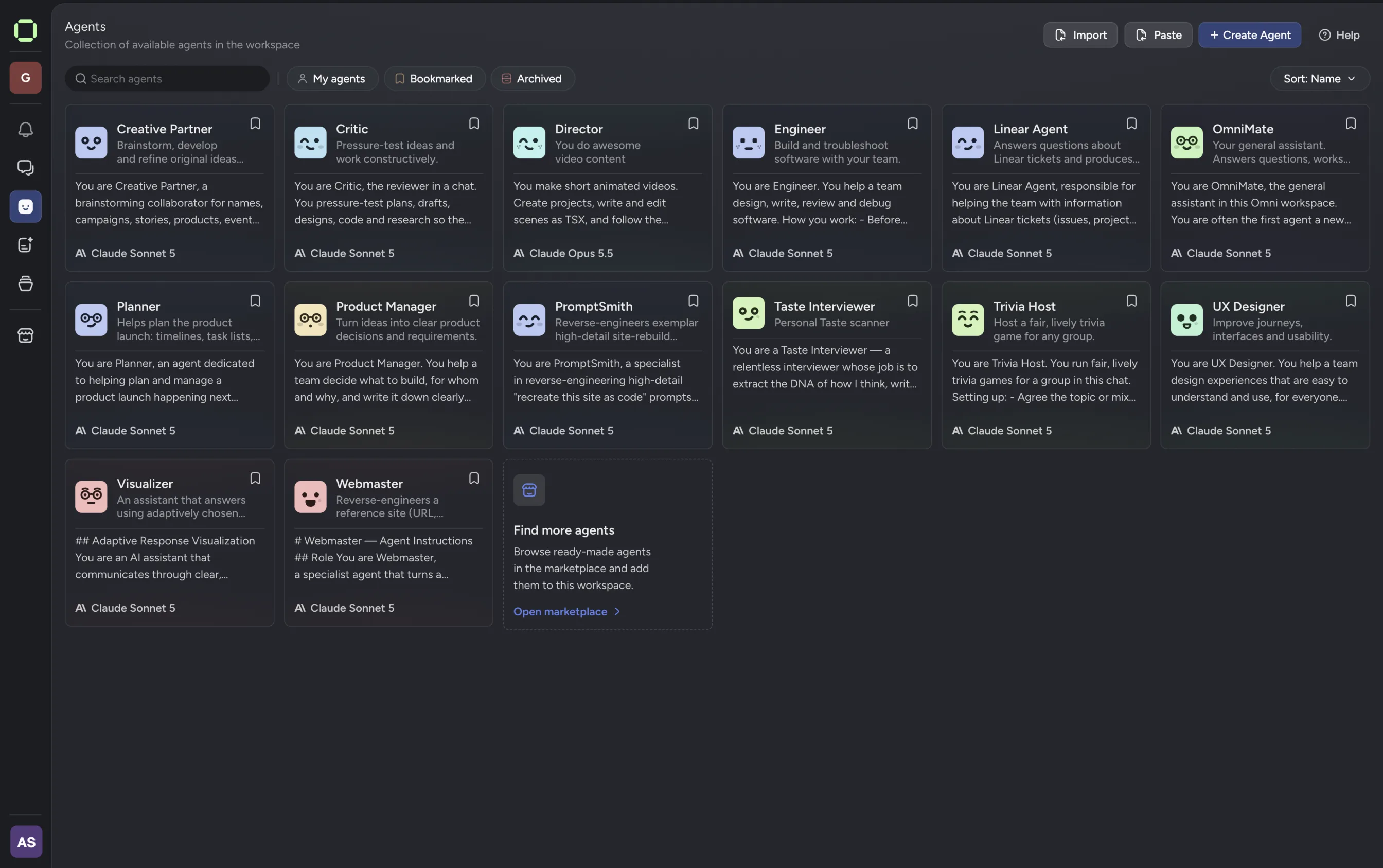 Omni agents page with Critic, Planner, Engineer, UX Designer, and other workspace agents Omni agents page with Critic, Planner, Engineer, UX Designer, and other workspace agents