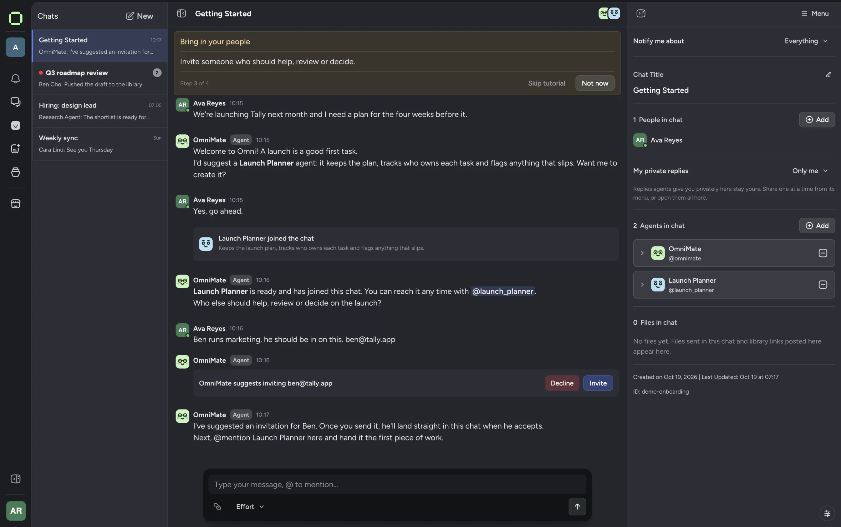 Omni onboarding chat where OmniMate creates a Launch Planner agent and suggests inviting a teammate Omni onboarding chat where OmniMate creates a Launch Planner agent and suggests inviting a teammate