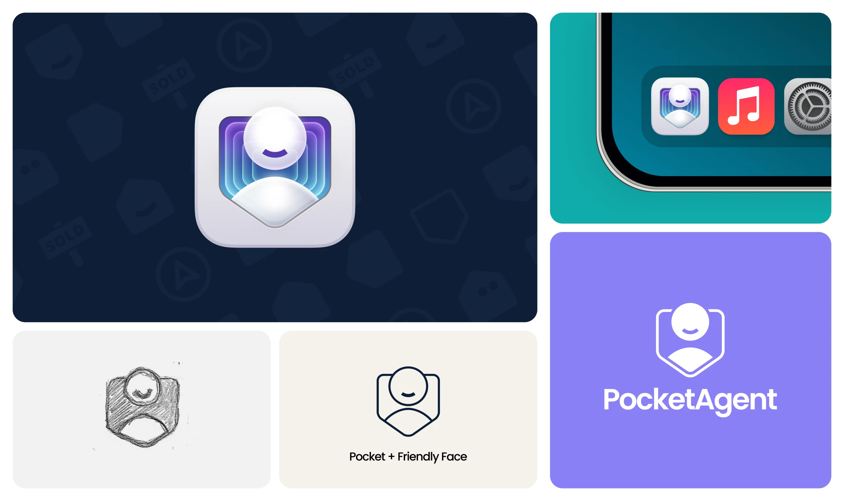PocketPilot logo from pencil sketch to the “Pocket + Friendly Face” mark, app icon, and wordmark PocketPilot logo from pencil sketch to the “Pocket + Friendly Face” mark, app icon, and wordmark