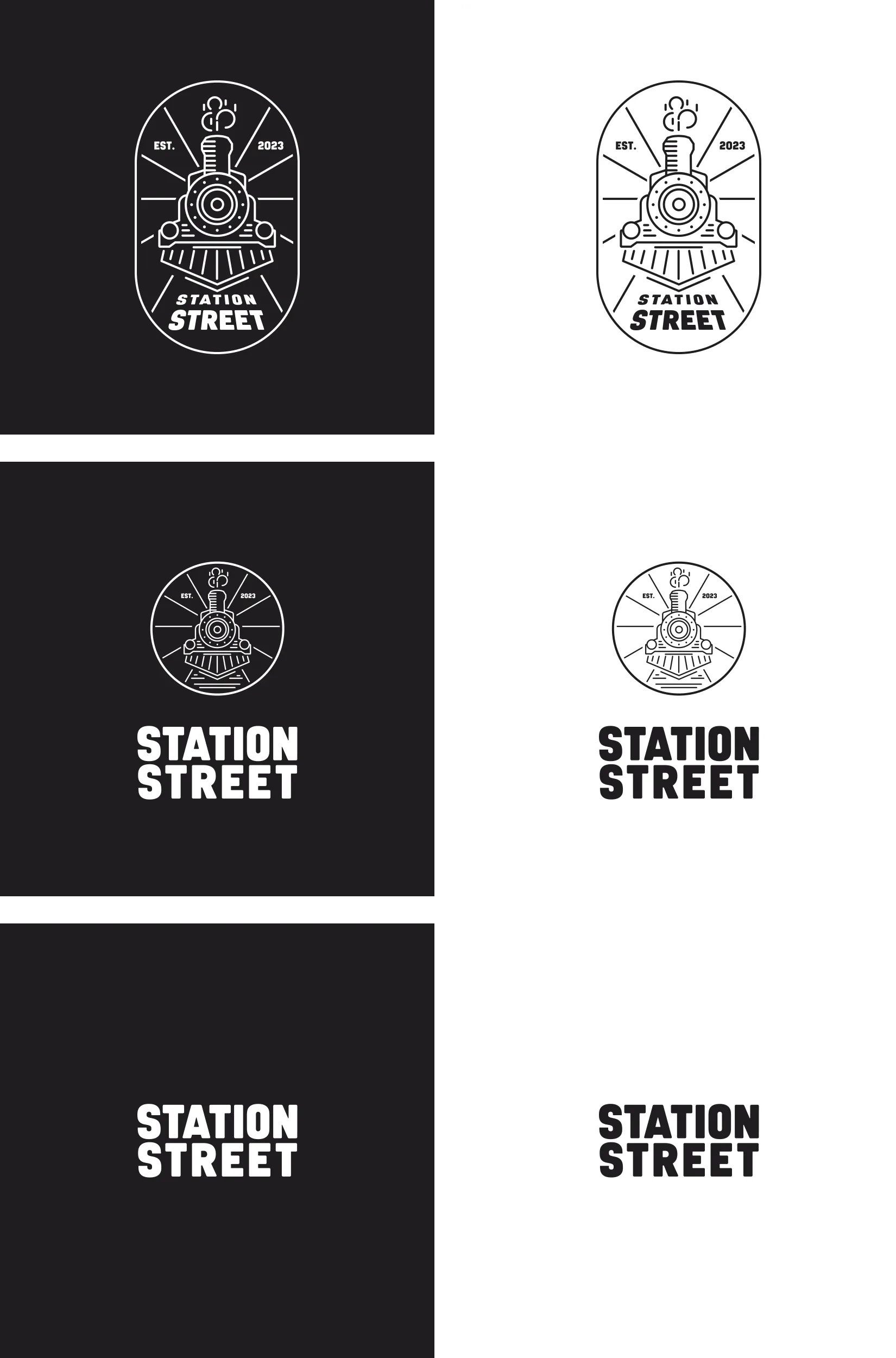 Station Street logo compositions: badge, stacked lockup, and wordmark on dark and light backgrounds Station Street logo compositions: badge, stacked lockup, and wordmark on dark and light backgrounds