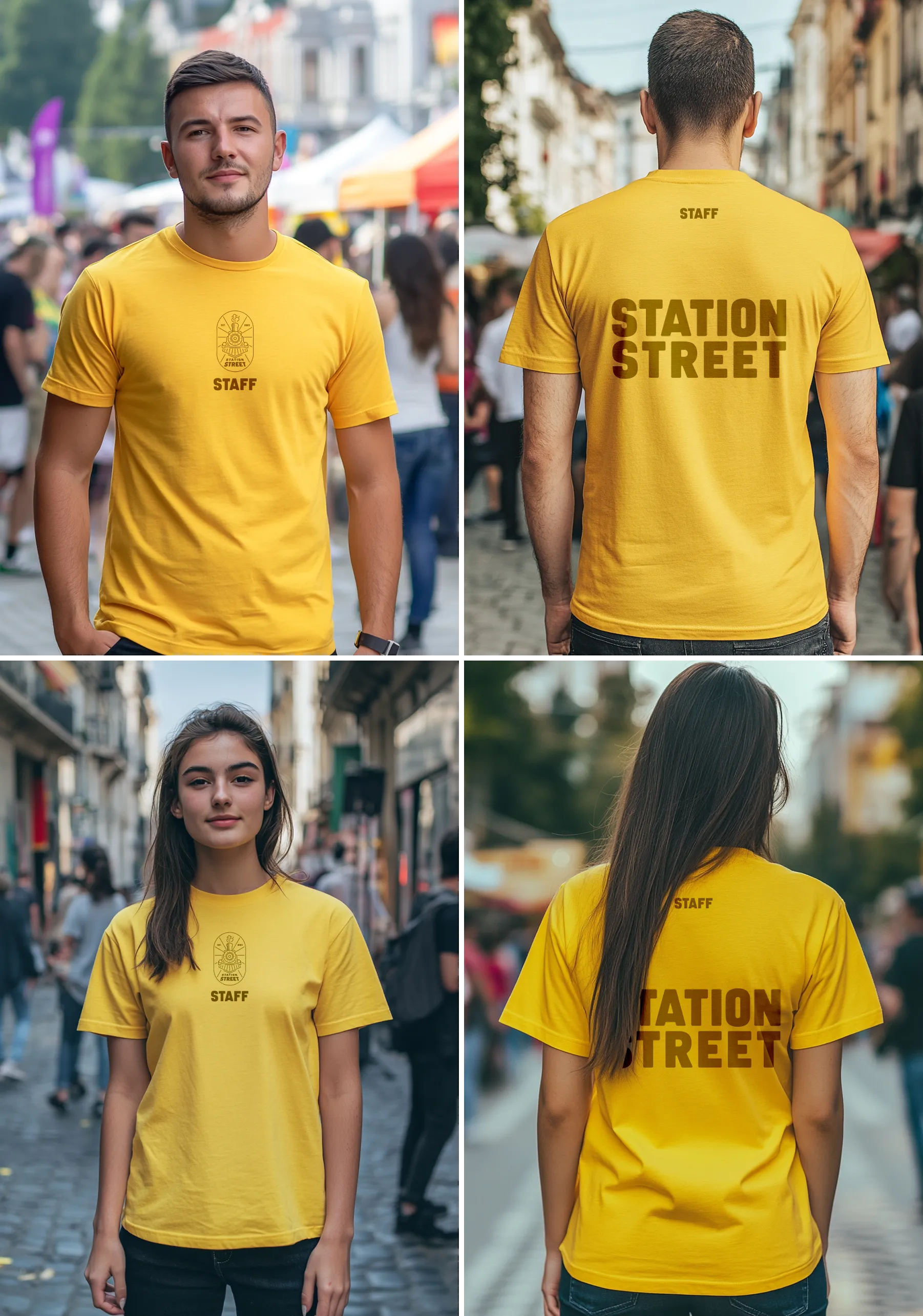 Yellow Station Street staff t-shirts, front and back Yellow Station Street staff t-shirts, front and back