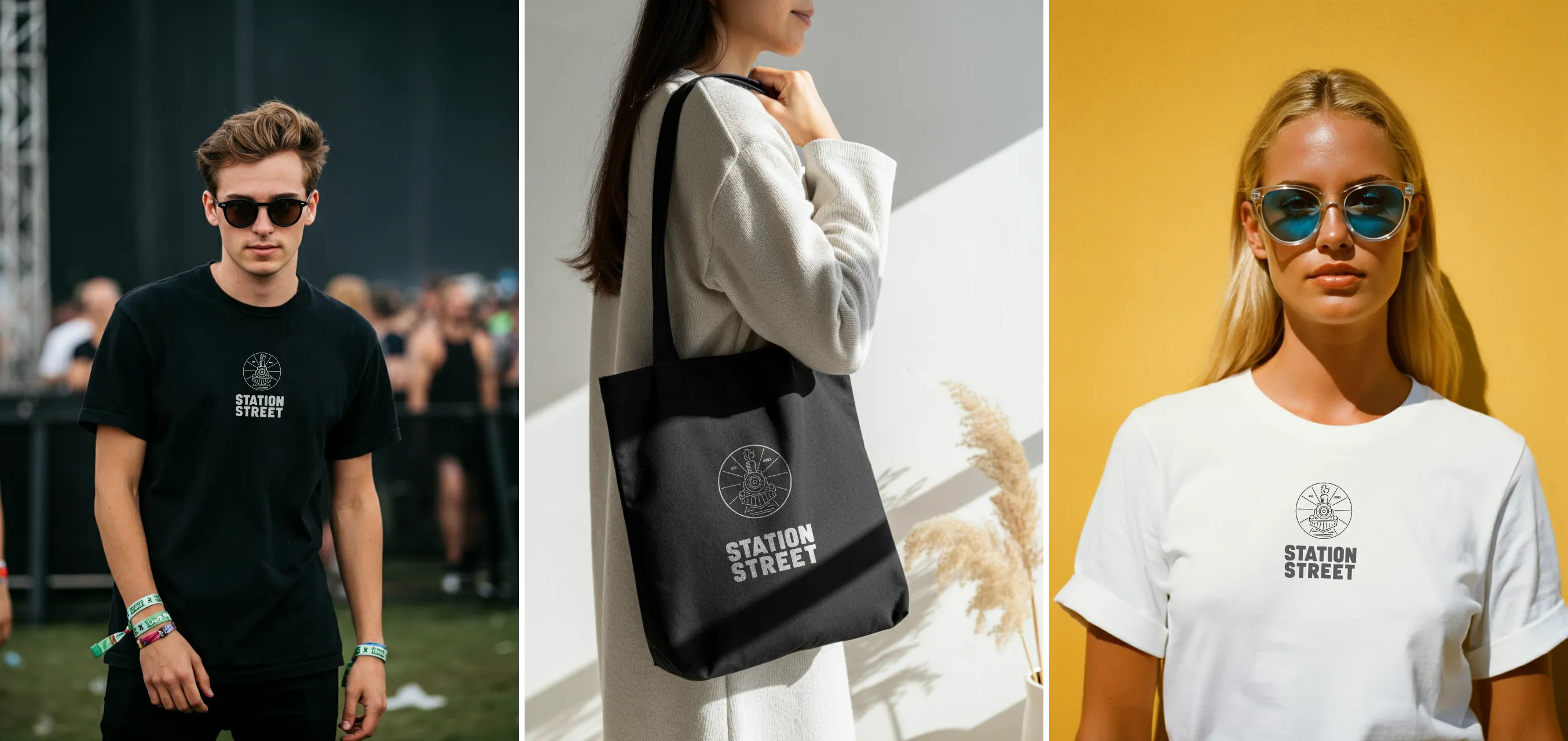 Station Street t-shirts and a tote bag with the stacked badge and wordmark Station Street t-shirts and a tote bag with the stacked badge and wordmark